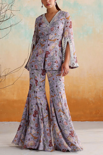 Powder blue floral and bird printed co-ords