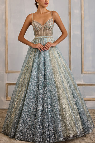 Powder blue floral embroidered corset gown