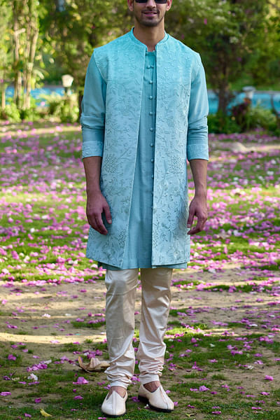 Powder blue floral embroidery bandi kurta set