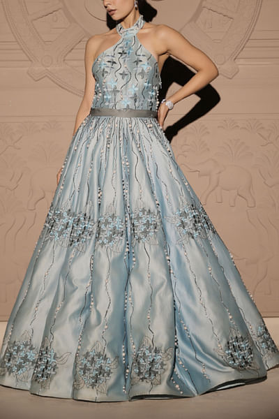 Powder blue floral pearl embroidered gown