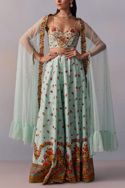 Powder blue floral print sharara tiered cape set