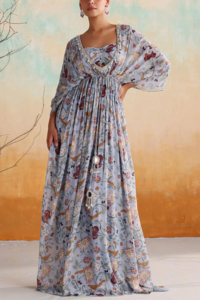 Powder blue floral printed draped dress