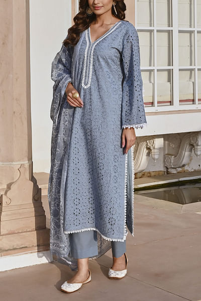 Powder blue floral schiffli kurta set