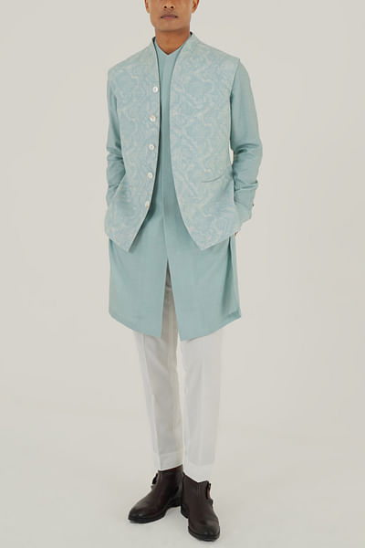 Powder blue linear and criss cross jacket