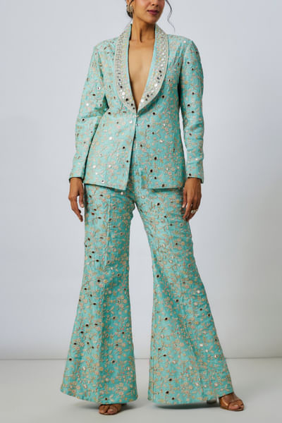 Powder blue mirror embroidered blazer set
