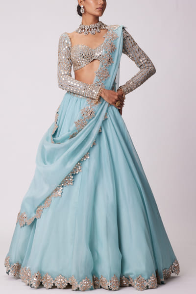 Vvani by Vani Vats Powder blue mirror embroidered lehenga set VVAMAY24D104