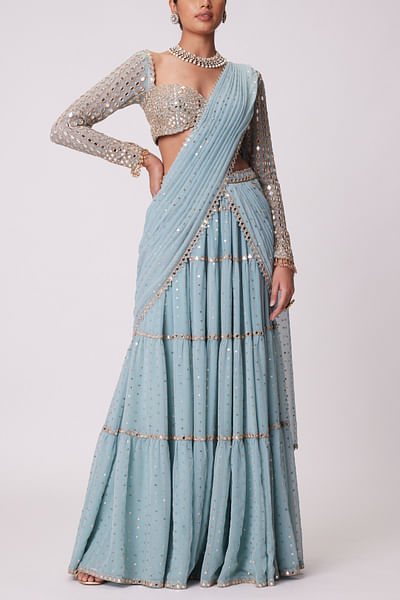Powder blue mirror tiered lehenga sari set