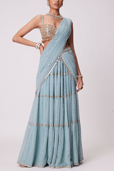 Powder blue mirror work tiered lehenga sari set