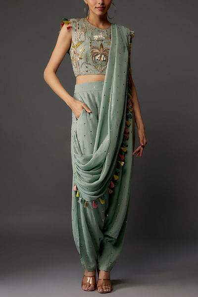 Powder blue mukaish tassel draped pant set