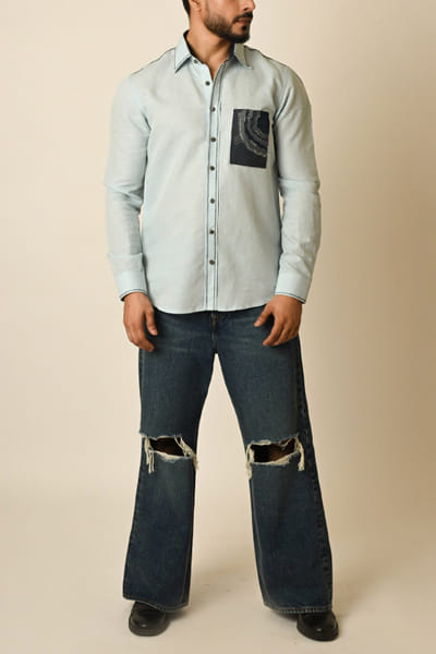 Paarsh Atelier Powder blue patchwork pocket shirt PATJUN24013