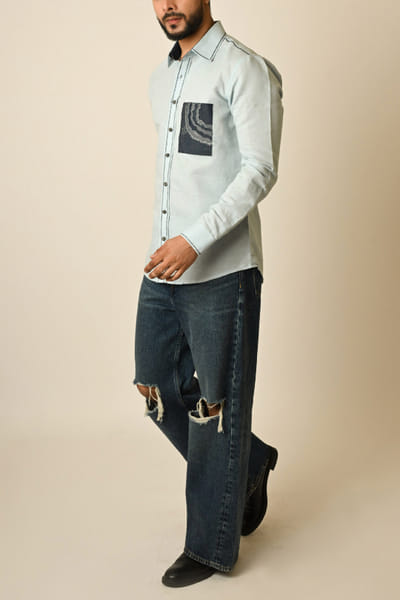 Paarsh Atelier Powder blue patchwork pocket shirt PATJUN24013