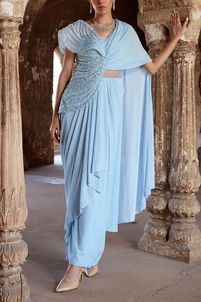 Powder blue pearl and crystal detailed draped gown