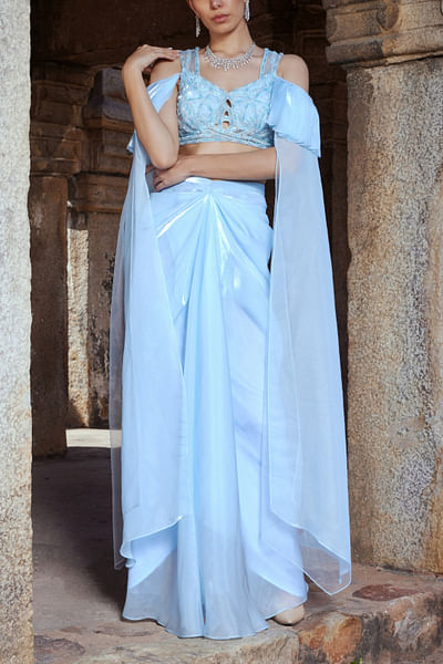 Powder blue pearl and crystal detailed draped skirt set