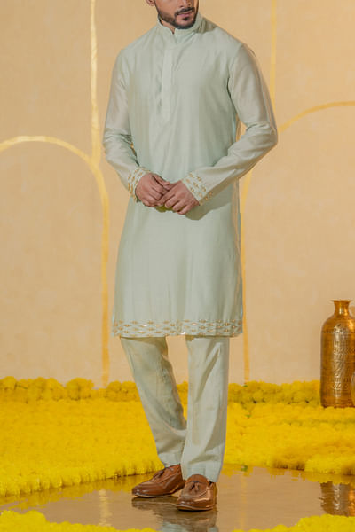 Powder blue pearl embellished kurta set