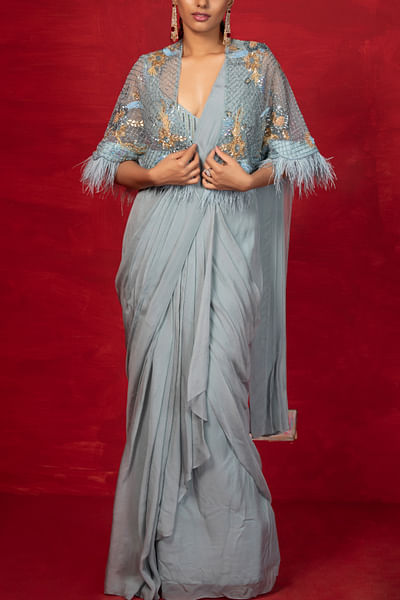 Powder blue pre-drape sari set