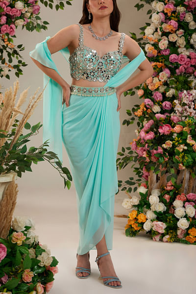 Powder blue pre-draped sari set