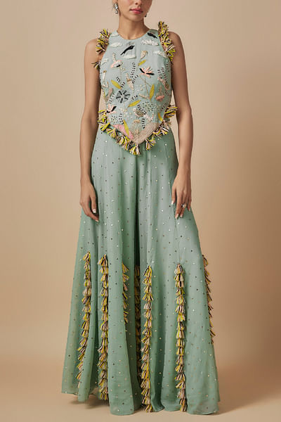 Powder blue tasselled mukaish sharara set