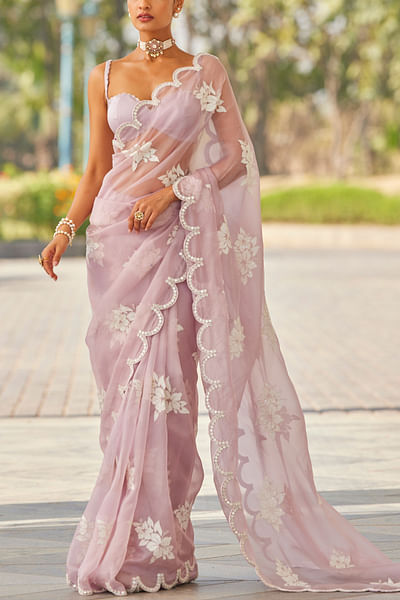 Powder lilac floral appliqued sari set