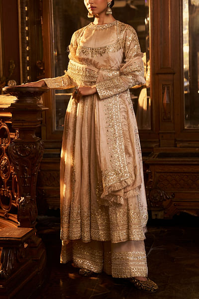 Powder peach gota embroidery anarkali sharara set