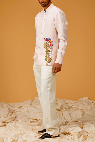 Powder pink bird embroidered shirt