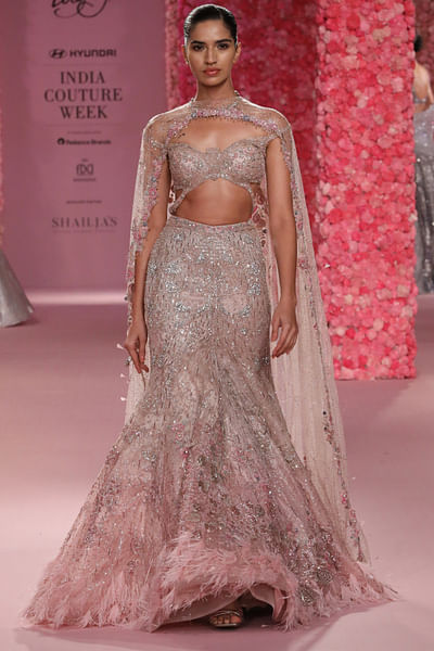 Powder pink crystal embroidered lehenga set