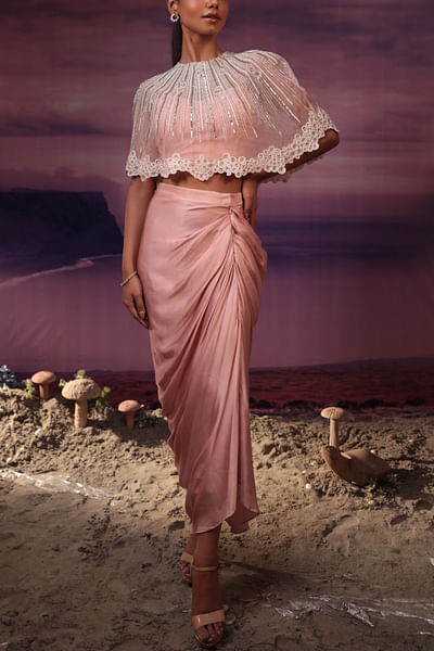 Powder pink embellished cape and skirt set