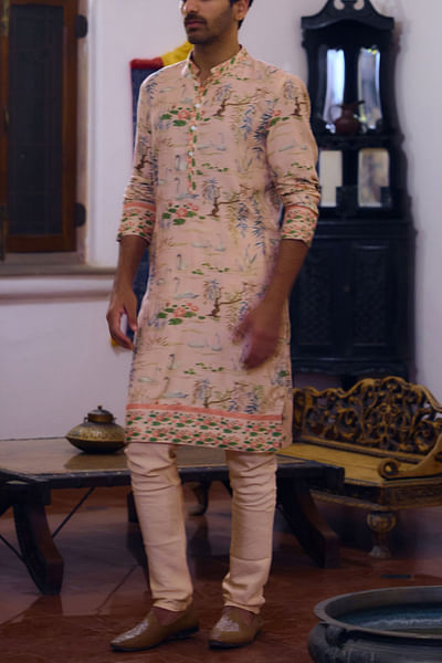 Powder pink swan printed kurta set