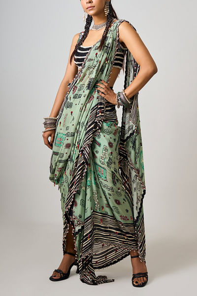 Printed cowl sari and blouse