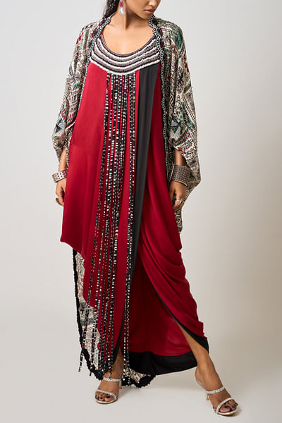 Printed gather cape and burgundy sack dress