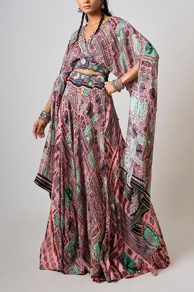 Printed long kaftan top and lehenga
