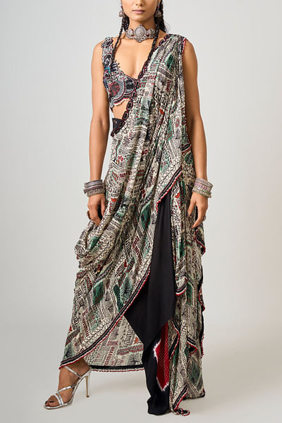 Printed pre-draped sari and blouse