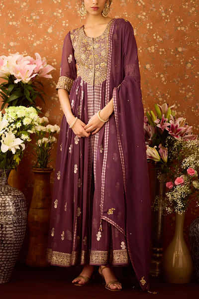 Prune purple floral embroidered anarkali set
