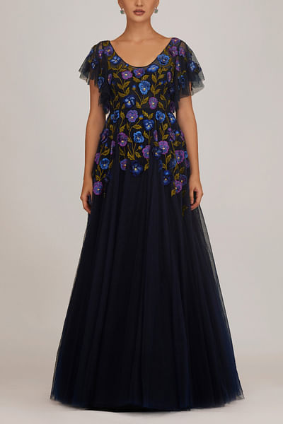 Prussian 3D floral embroidered gown