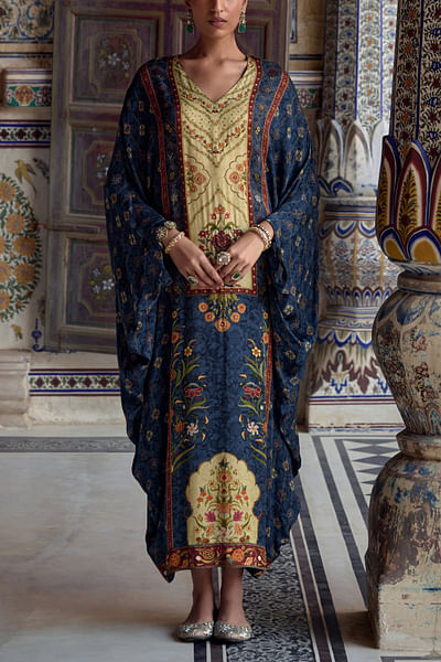 Prussian blue floral printed kaftan dress
