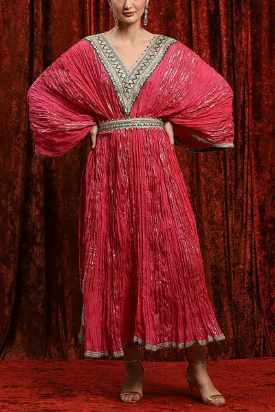 Punch pink gota work crinkle kaftan dress