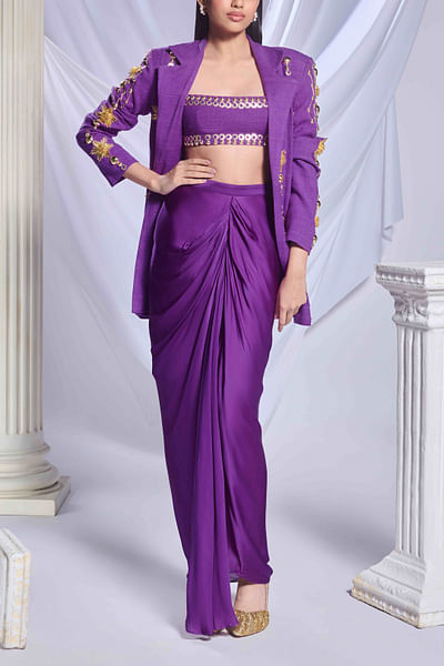 Purple 3D embellished jacket and skirt set