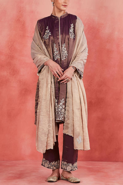 Purple and beige floral embroidered kurta set