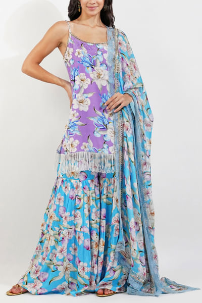 Purple and blue floral printed gharara set