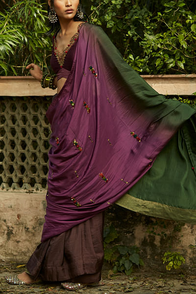 Purple and dark green ombre dyed sari set