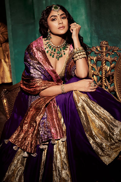 Purple and gold chanderi godet lehenga set