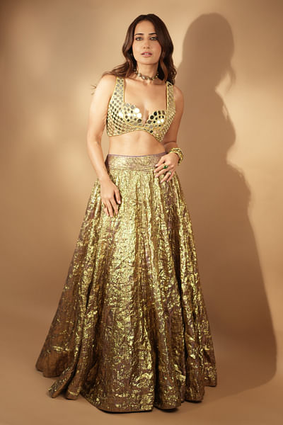 Purple and gold lampi and zari lehenga set