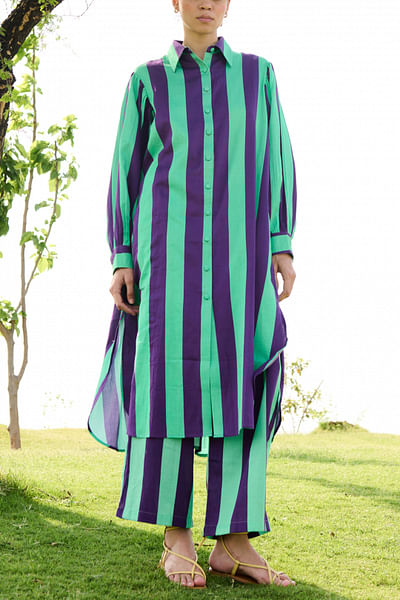 Purple and green stripe printed shirt kurta set