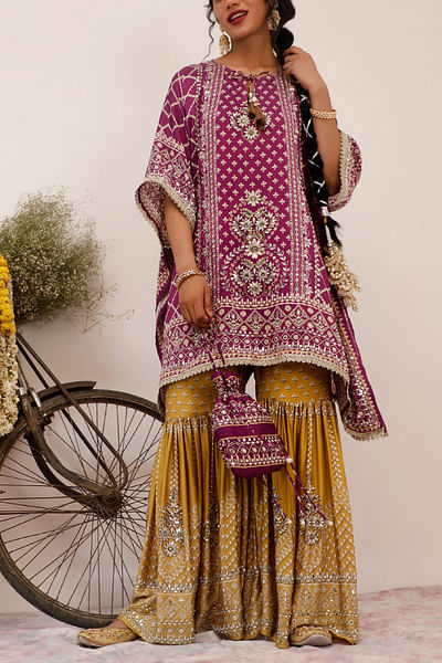 Purple and mustard printed kaftan gharara set