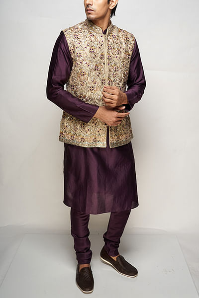 Purple and olive embroidered bandi kurta set