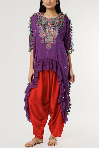 Purple and red embroidered tassel kaftan set