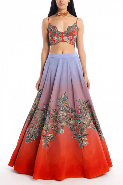 Purple and red ombre embroidered lehenga set