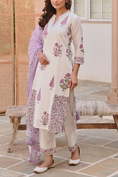 Purple and white floral block printed kurta set