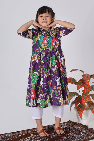 Purple and white floral printed kurta set