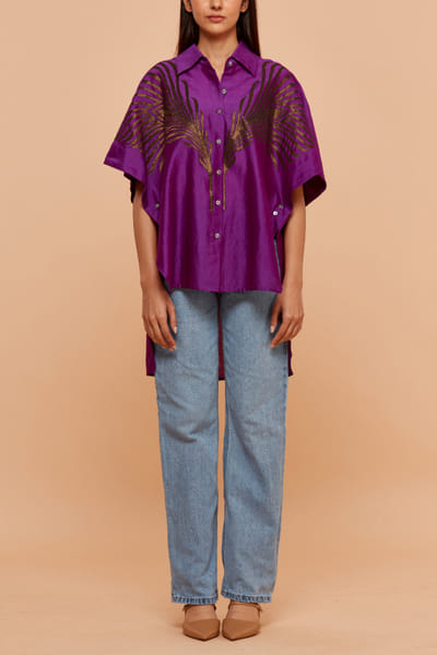 Purple and yellow peacock applique kaftan shirt