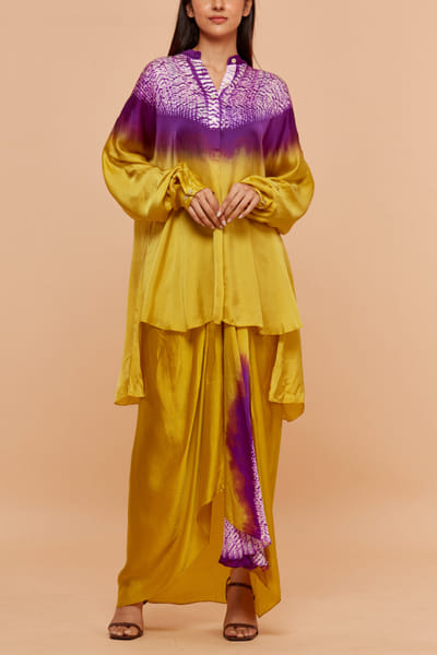 Purple and yellow shibori dyed draped skirt set